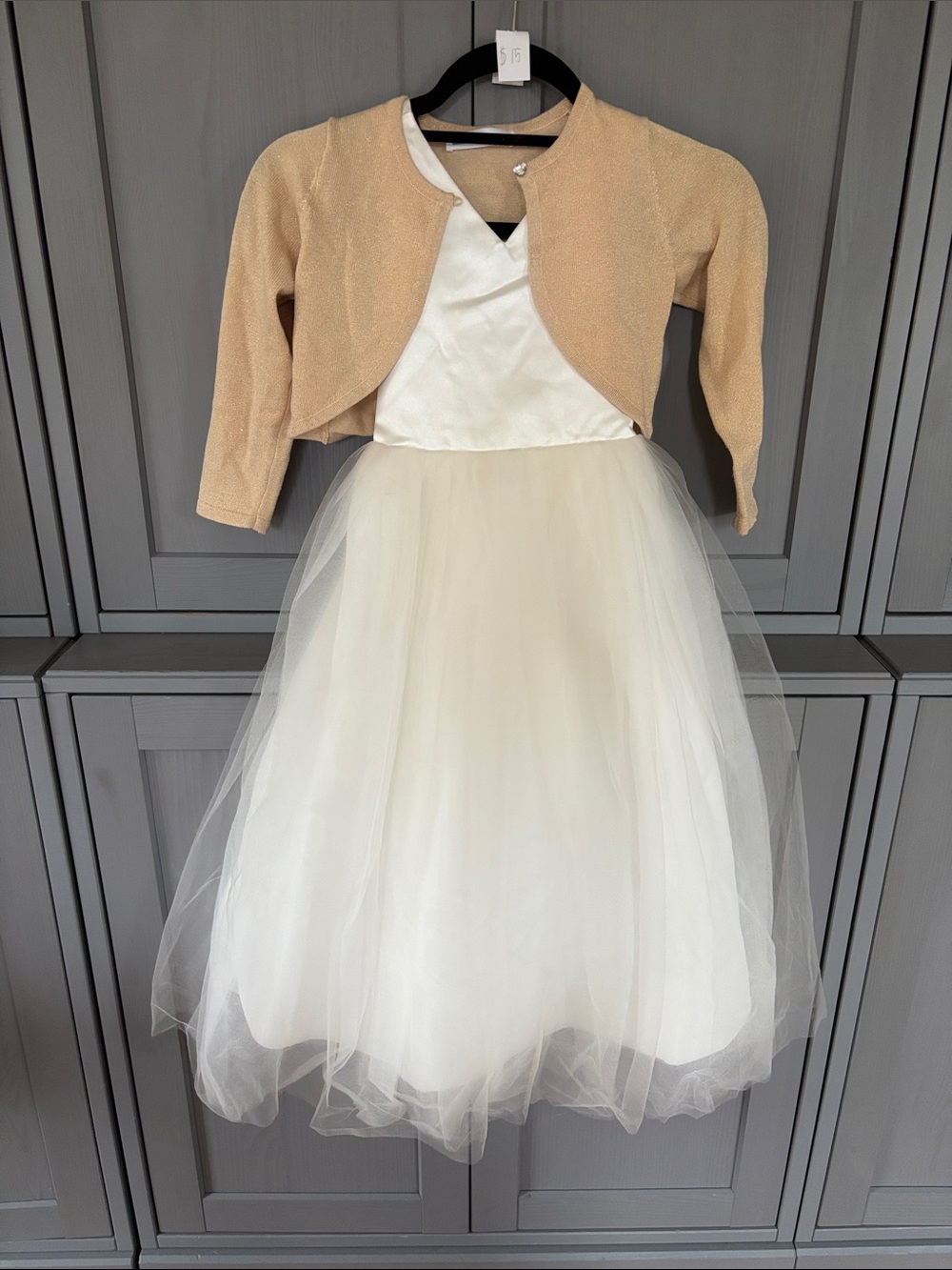 Girls ivory Tulle Party Dress with gold Bolero - Size 6
